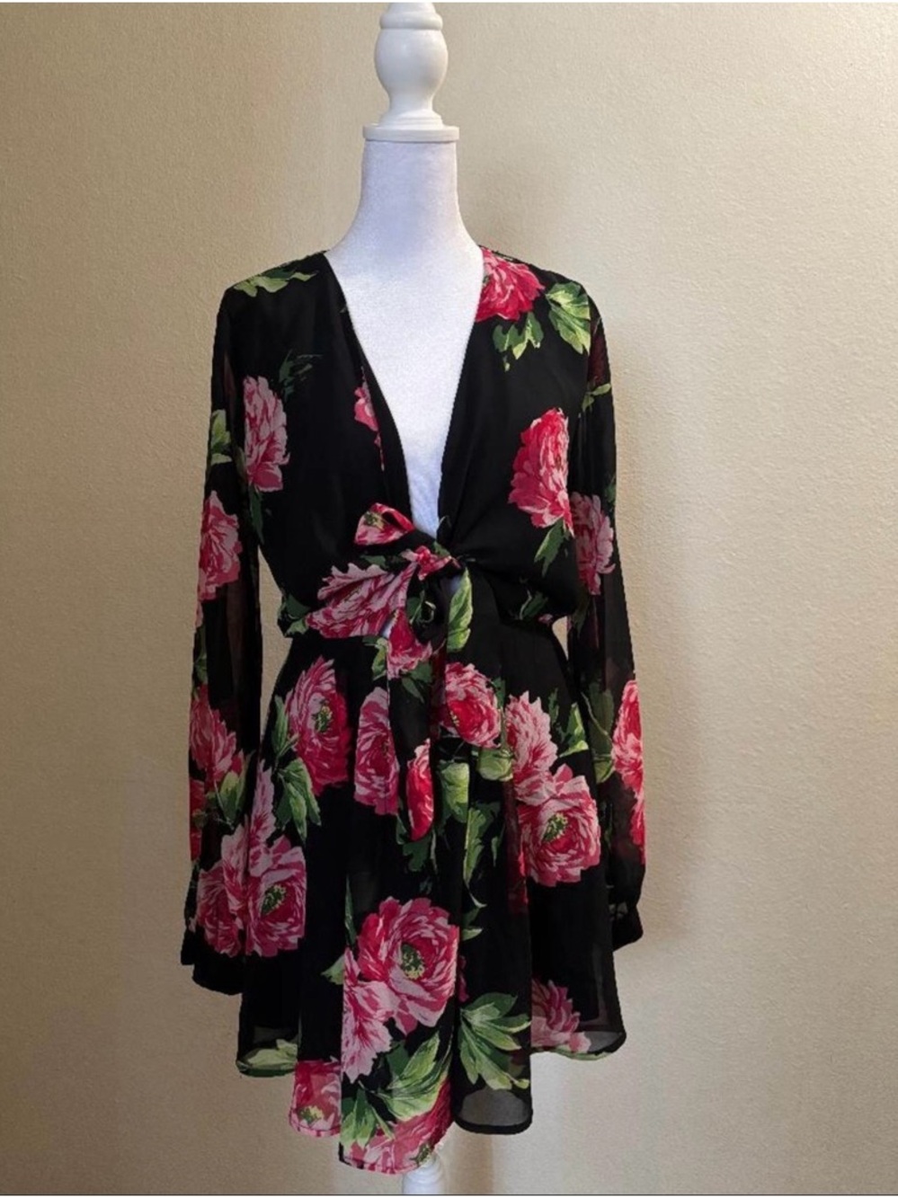 Black Floral Long Sleeve Tie-Front Women's Dress